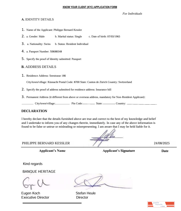 Switzerland Banque Heritage Know Your Client (KYC) Application Form